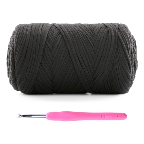 Mooaske 1 Packung T-Shirt-Häkelgarn für DIY-Stricken, Häkeltuch, Decke, Tasche, Puppen – 400 g, dickes Garn zum Häkeln mit Polyester-Spandex-Mischung, elastischem Stoff (schwarz) von Mooaske