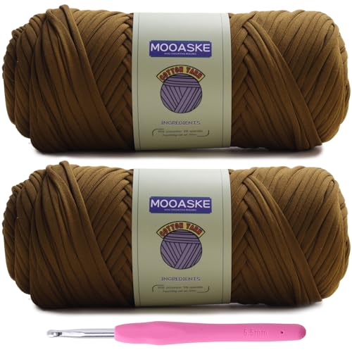 Mooaske T-Shirt-Häkelgarn für DIY-Stricken, Häkeltuch, Decke, Tasche, Puppen – 400 g, dickes Garn zum Häkeln mit Polyester-Spandex-Mischung, elastischem Stoff (braun) von Mooaske