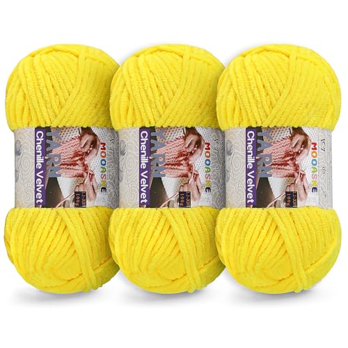 Weiches Chenille-Garn zum Häkeln und Stricken, super sperrig, 3 Packungen mit 100 g/130 Yard – Babydeckengarn zum Häkeln, dickes, flauschiges, flauschiges Amigurumi-Bastelgarn (lebendiges Gelb, 3 Weiches Chenille-Garn zum Häkeln und Stricken, super sperrig, 3 Packungen mit 100 g/130 Yard – Babydeckengarn zum Häkeln, dickes, flauschiges, flauschiges Amigurumi-Bastelgarn (lebendiges Gelb, 3 von Mooaske