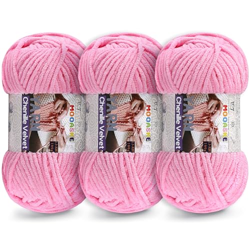 Weiches Chenille-Garn zum Häkeln und Stricken – Super Bulky 3 Pack mit 100 g/130 Yard – Babydeckengarn zum Häkeln dickes, flauschiges, flauschiges Amigurumi-Bastelgarn (Deep Pink, 3 Knäuel) von Mooaske