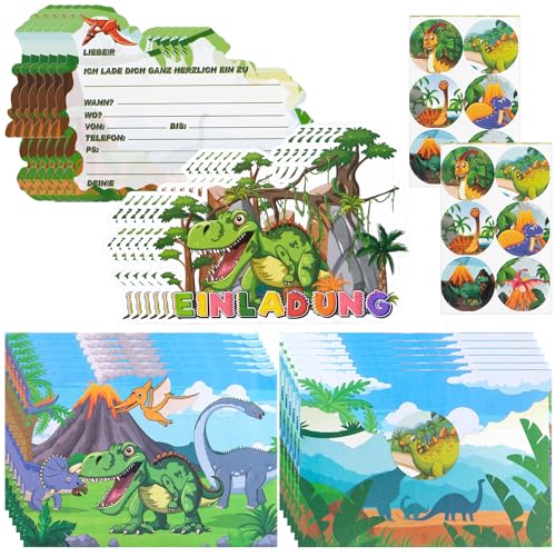 Moocuca 12 Einladungskarten Kindergeburtstag Junge, Dinosaurier Einladungskarten Geburtstag Set mit Briefumschlag und Umschlag-Aufkleber, Einladungskarten für Kindergeburtstag Party von Moocuca