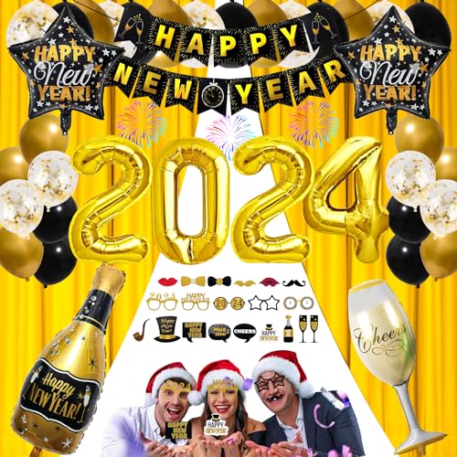 Moocuca Silvester Deko 2024, Happy New Year 2024 Dekoration Set, Folienballons, Fotorequisiten, Happy New Year Banner, Weinflasche/ Stern/2024 Alu-Folienballon(KEINE GOLDENEN VORHÄNGE) von Moocuca