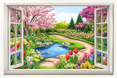 Moohue Nadelspitzen-Kits, 14-fädig, gezählt, geprägt für Erwachsene, Bäume, Blumen, Kreuzstichmuster, bedruckte Kreuzstich-Sets (Bäume, Blumen außerhalb des Fensters) von Moohue