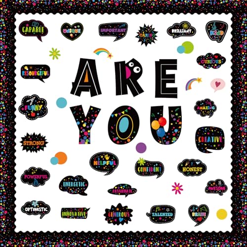 Mooliwe Inspirierendes Pinnwand-Dekorationsset "You are", Klassenzimmer-Dekoration, positive Bestätigungen, Ausschnitte für Schule, Zuhause, Kreidetafel, Wand, 53-teilig (Schwarz, Konfetti) von Mooliwe