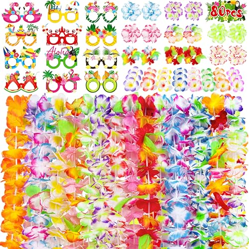Moon Boat 80-teiliges hawaiianisches Luau-Leis-Party-Dekorationsset: Tropische Tiki-Blumen-Halsketten + Papierbrille + Armbänder + Haarspangen für Sommer, Pool, Geburtstag, Dekoration Moon Boat 80-teiliges hawaiianisches Luau-Leis-Party-Dekorationsset: Tropische Tiki-Blumen-Halsketten + Papierbrille + Armbänder + Haarspangen für Sommer, Pool, Geburtstag, Dekoration von Moon Boat