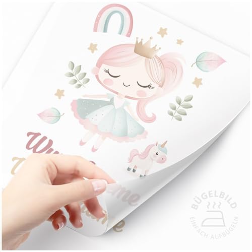 Moonworks® Bügelbilder Set für Kinder Personalisiert Prinzessin Einhorn Wunschname Patches zum Aufbügeln auf Textilien Prinzessin weiß standard von MoonWorks