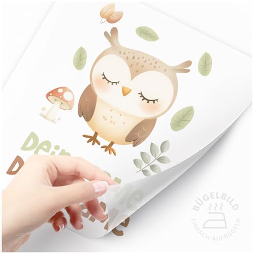 Moonworks® Bügelbilder Set für Kinder Waldtiere Personalisiert Tiermotive Wunschname Patches zum Aufbügeln auf Textilien Eule weiß standard von MoonWorks