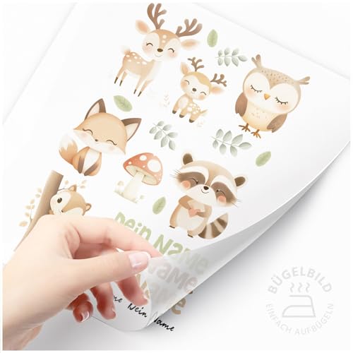 Moonworks® Bügelbilder Set für Kinder Waldtiere Personalisiert Tiermotive Wunschname Patches zum Aufbügeln auf Textilien Große Tiere Set weiß standard von MoonWorks