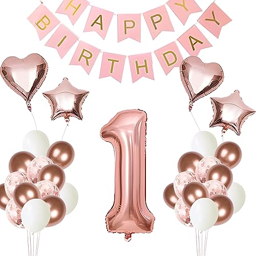 Moorle 1. Geburtstag Mädchen, Luftballon 1. Geburtstag Rosegold, 1. Geburtstag Dekoration Roségold, Happy Birthday Banner, Deko 1. Zahlen Ballons für Mädchen Kindergeburtstag 1 Party Deko von Moorle
