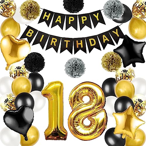 18 Geburtstag Deko, Deko Schwarz Gold 18. Geburtstag Junge, Luftballon 18. Geburtstag Gold, Happy Birthday Girlande, Schwarz Gold Luftballons Geburtstag für Mädchen Jungen 18 Jahr Party Deko von Moorle