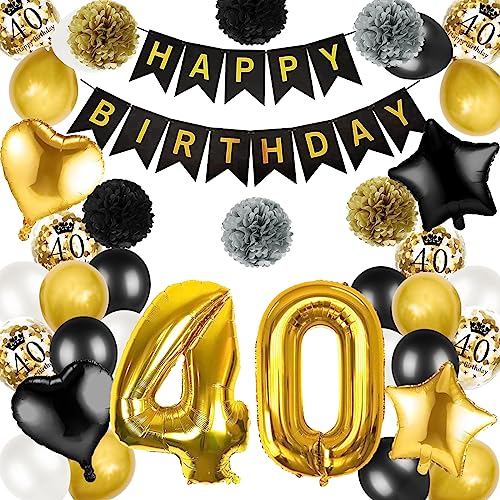 40 Geburtstag Deko, Deko Schwarz Gold 40. Geburtstag Männer, Luftballon 40 Geburtstag Gold, Happy Birthday Girlande, Schwarz Gold Luftballons Geburtstag für Männer Frauen 40 Jahr Party Deko von Moorle