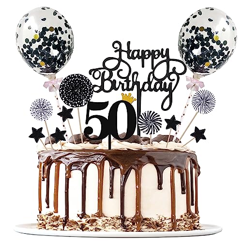 Tortendeko 50 Schwarz, Tortendeko 50 Geburtstag Männer, Tortendeko Schwarzes 50th, Happy Birthday Kuchendeko, Papierfächer Cupcake, Cake Topper für 50 Geburtstag Mann Frauen von Moorle