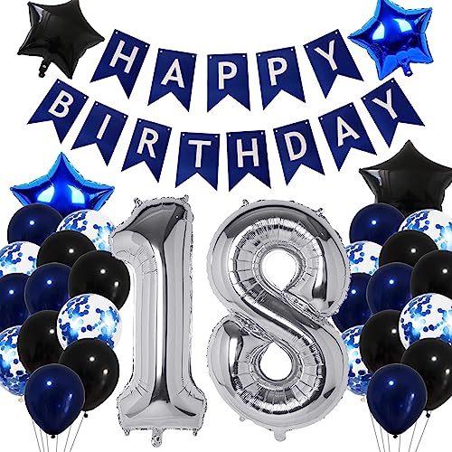 18 Geburtstag Junge, Luftballon 18. Geburtstag Marineblau, Deko 18 Geburtstag Blau, Happy Birthday Banner, Konfetti Stern Luftballon, Luftballon 18. Geburtstagsdeko für Junge Mädche 18 Party Deko von Moorle