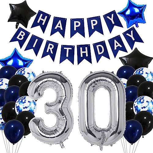 30 Geburtstag Männer, Luftballon 30. Geburtstag Marineblau, Deko 30 Geburtstag Blau, Happy Birthday Banner, Konfetti Stern Luftballon, Luftballon 30. Geburtstagsdeko für Mann Frauen 30 Party Deko von Moorle