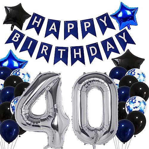 40 Geburtstag Männer, Luftballon 40. Geburtstag Marineblau, Deko 40 Geburtstag Blau, Happy Birthday Banner, Konfetti Stern Luftballon, Luftballon 40. Geburtstagsdeko für Mann Frauen 40 Party Deko von Moorle