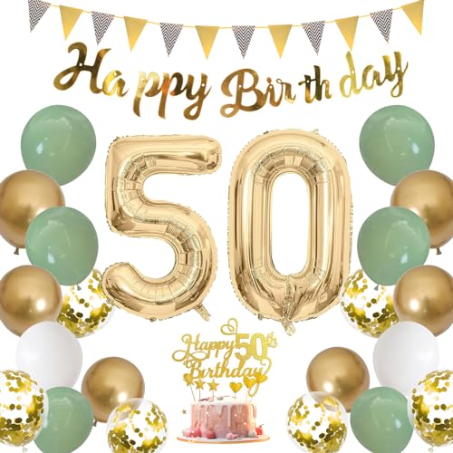 Grün Gold Deko 50. Geburtstag, Luftballons 50 Geburtstag Deko mit Banner für Frau Mann, Grün Weiß Gold Party deko mit Konfetti Luftballon und 50. Geburtstag Tortendeko für 50.ter Geburtstag Dekoration von Moorle