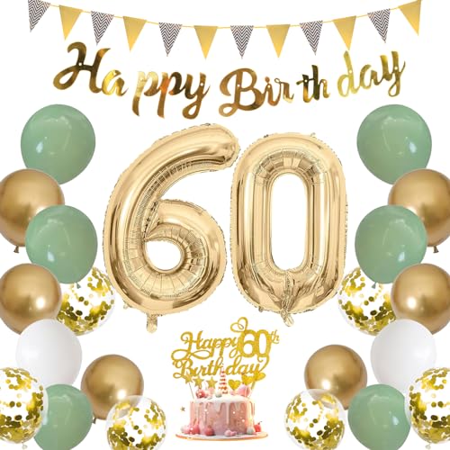 Moorle Salbeigrüne 60. Geburtstag Deko für Frauen und Männer - Grün Weiß Gold Luftballons, Party Ballons mit Banner Flaggen, Tortendeko für 60. Dekoration von Moorle