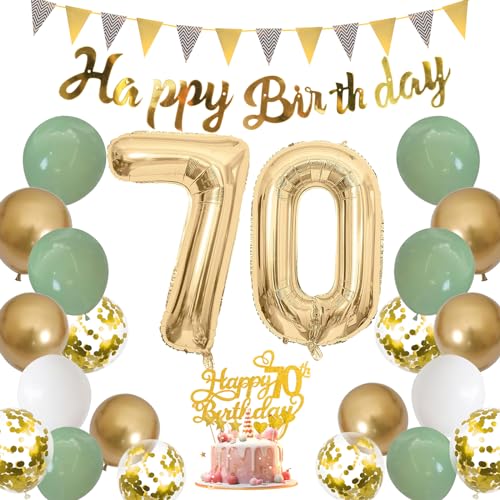 Grün Gold Deko 70. Geburtstag, Luftballons 70 Geburtstag Deko mit Banner für Frau Mann, Grün Weiß Gold Party deko mit Konfetti Luftballon und 70. Geburtstag Tortendeko für 70.ter Geburtstag Dekoration von Moorle