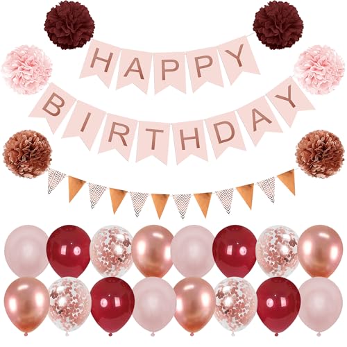 Luftballons Geburtstag Dekoration, Weinrot Rosegold Geburtstagsdeko, Happy Birthday Deko Banner, Pompons, Dreieck Flagge, Luftballons Konfetti Ballons für Geburtstagsdeko Männer Junge von Moorle