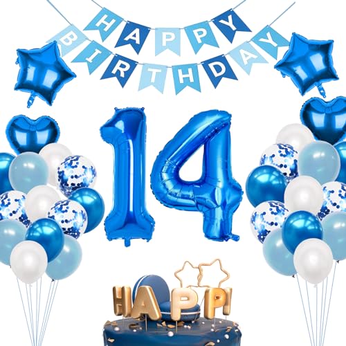 Moorle Geburtstagsdeko Junge 14 Jahr, Luftballon 14. Geburtstag Blau, 14 Geburtstag Dekoration Blau, 14 Jahr Dekoration Blau, Happy Birthday Folienballon, Jungen 14 Jahr Party Deko von Moorle