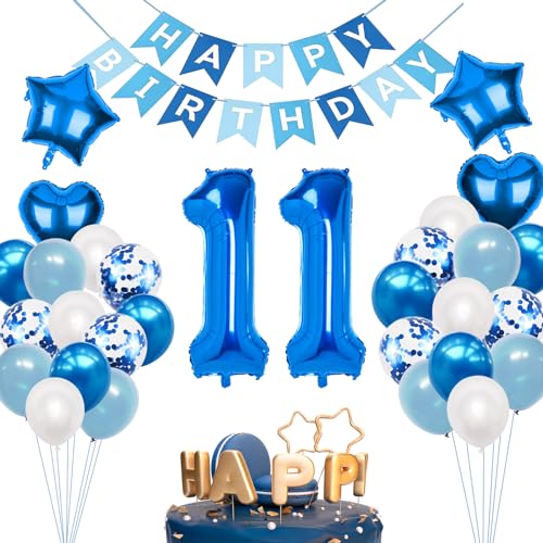 Moorle Dekorationen zum 11. Geburtstag für Jungen, 11. Geburtstag Junge, 11.Geburtstag Deko, Luftballon 11. Geburtstag Blaue, Blau mit Happy Birthday Banner, Blau Weiß Ballons KinderParty Deko von Moorle