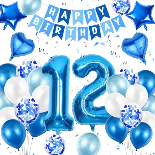 Moorle 12 Geburtstag Dekorationen für Jungen, Blau 40 Zoll Zahl 12 Folienballons Geburtstag mit Happy Birthday Banner, Blau 12 Luftballons, Stern Herz Konfetti Ballon für 12 Luftballons Geburtstag Moorle 12 Geburtstag Dekorationen für Jungen, Blau 40 Zoll Zahl 12 Folienballons Geburtstag mit Happy Birthday Banner, Blau 12 Luftballons, Stern Herz Konfetti Ballon für 12 Luftballons Geburtstag von Moorle