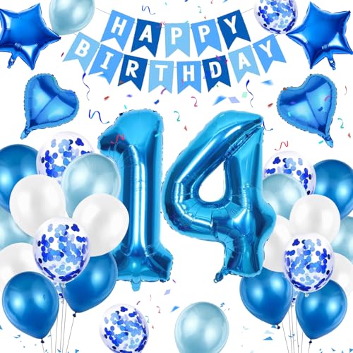 Moorle 14 Geburtstag Dekorationen für Jungen, Blau 40 Zoll Zahl 14 Folienballons Geburtstag mit Happy Birthday Banner, Blau 14 Luftballons, Stern Herz Konfetti Ballon für 14 Luftballons Geburtstag Moorle 14 Geburtstag Dekorationen für Jungen, Blau 40 Zoll Zahl 14 Folienballons Geburtstag mit Happy Birthday Banner, Blau 14 Luftballons, Stern Herz Konfetti Ballon für 14 Luftballons Geburtstag von Moorle