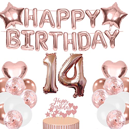 Luftballon 14. Geburtstag Deko Mädchen Roségold, Rosegold Folienballon 14 Jahre Geburtstag, Deko 14 Geburtstag Mädchen, Happy Birthday Banner, Tortendeko für Ballon 14 Geburtstagdeko Mädchen von Moorle