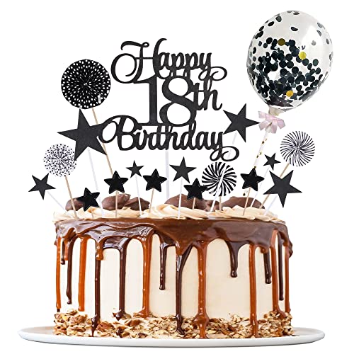 Tortendeko 18 Schwarz für Geburtstag - Happy 18th Birthday Deko Set Mit Papierfächer und Cupcake Topper für Jungen und Mädchen von Moorle