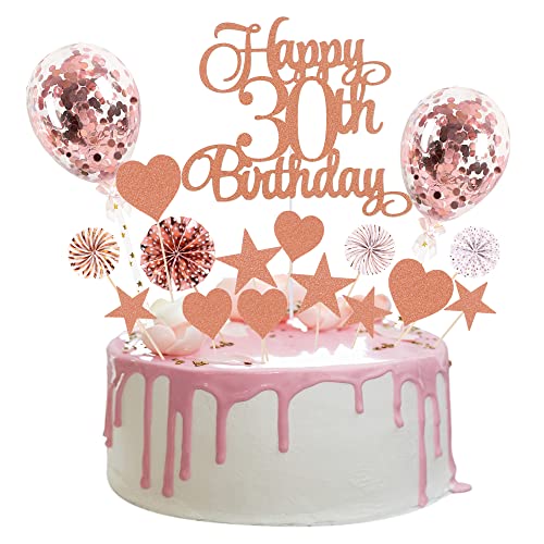 Moorle Tortendeko 30 Roségold für Geburtstag Mädchen, Kuchendeko Rosegold 30th, Happy Birthday Deko, Papierfächer Cupcake für Frauen von Moorle