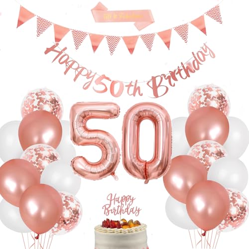 50. Geburtstag Deko, Roségold Deko 50. Geburtstag Frauen, Folienballon Zahl 50, Ballon Rose Gold, Happy Birthday Banner, 50 Geburtstags Fabulous Sash, Cake Topper für 50 Geburtstagsdeko von Moorle