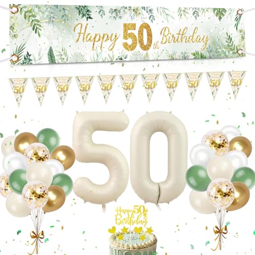 50. Geburtstag Deko, Grün Gold Luftballon 50. Geburtstag Männer Frau, Lange Größe Happy 50th Birthday Banner 185 x 33cm, Beige Zahl 50 Folienballon, Girlande, Tortendeko für 50 Party Dekoration 50. Geburtstag Deko, Grün Gold Luftballon 50. Geburtstag Männer Frau, Lange Größe Happy 50th Birthday Banner 185 x 33cm, Beige Zahl 50 Folienballon, Girlande, Tortendeko für 50 Party Dekoration von Moorle