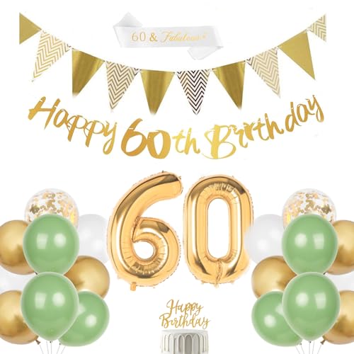 60.Geburtstag Deko, Salbeigrüne Deko 60. Geburtstag Frauen, Folienballon Zahl 60, Grün Weiß Gold Ballon, Happy Birthday Banner, 60 Fabulous Sash, Cake Topper für 60 Geburtstagsdeko von Moorle