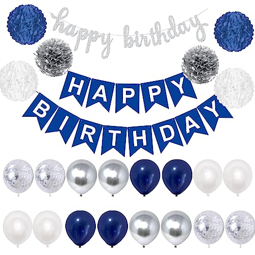 Happy Birthday Blau Weiß Geburtstag Deko Luftballons Blau Silber Geburtstagsdeko Seidenpapier Pompons für Geburtstag Dekoration Junge Mädchen von Moorle