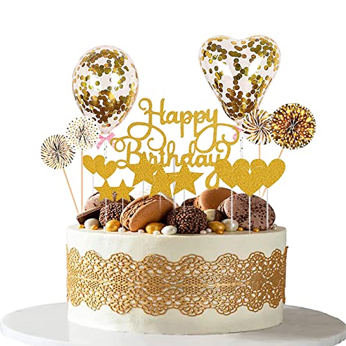 Moorle Tortendeko Gold, Kuchendeko Geburtstag, Happy Birthday Cake Topper Kuchendeko, Sterne Herz Papierfächer Cupcake Deko für Geburtstag Dekoration Mädchen Junge von Moorle