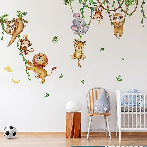 Moorle Wandtattoo Safari Tiere, Dschungel Tiere Wandsticker Junge, Baby Wandtattoo Karikatur, Wandaufkleber Set mit Reben Löwe Affen Koala Tiger, Wanddeko für Babyzimmer Kinderzimmer Schlafzimmer von Moorle