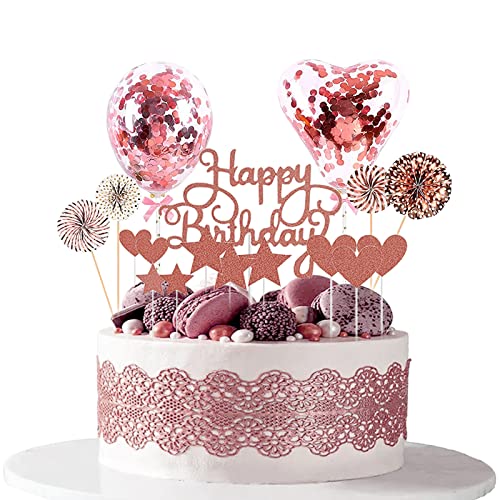 Moorle Tortendeko Rosegold, Kuchendeko Geburtstag Mädchen, Happy Birthday Cake Topper Kuchendeko, Sterne Herz Papierfächer Cupcake Deko für Geburtstag Dekoration Mädchen von Moorle