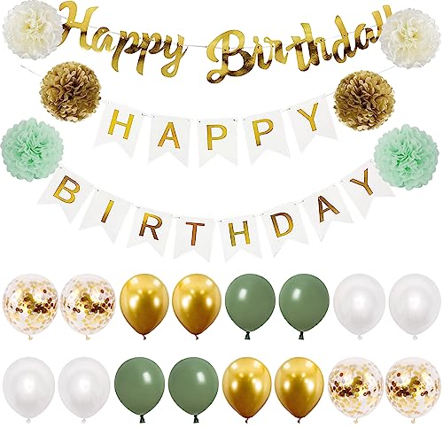 Happy Birthday Weiß Gold Geburtstag Deko Luftballons Grün Gold Geburtstagdeko Seidenpapier Pompons für Geburtstag Dekoration Mädchen Jungen von Moorle