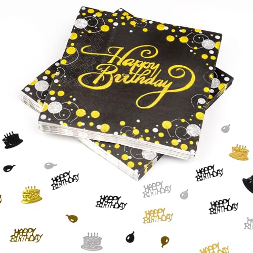 40 Stück Servietten Schwarz Gold, Servietten Geburtstag Happy Birthday Servietten Geburtstag Papierservietten mit 1 Packungen Tischdeko Geburtstag für Mädchen Geburtstag Party Deko von Moosono