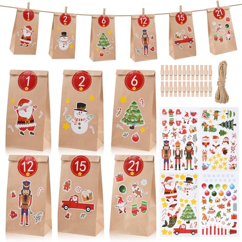 Adventskalender Tüten, Adventskalender zum Befüllen Kinder, DIY Adventskalender Selber Befüllen 2024, 24 Weihnachtskalender Papiertüten zum Selber Basteln mit Aufklebern, Clips und Schnur Geliefert Adventskalender Tüten, Adventskalender zum Befüllen Kinder, DIY Adventskalender Selber Befüllen 2024, 24 Weihnachtskalender Papiertüten zum Selber Basteln mit Aufklebern, Clips und Schnur Geliefert von Moosono