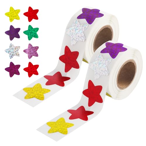 Glitzer Sticker Bunt Sterne, 2 Sticker Rolle, 1000 Aufkleber Sterne, Kinder Belohnung Selbstklebende Sticker Sterne für DIY Scrapbooking Karten Party Dekoration(Ø 2,5cm) von Moosono