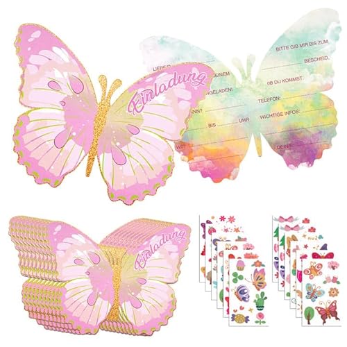 Moosono 12 Stück Schmetterling Einladungskarten Kindergeburtstag Mädchen, Partyeinladungen mit Schmetterling Aufkleber für Einladungskarten Mädchen Geburtstag und Kinderparty von Moosono