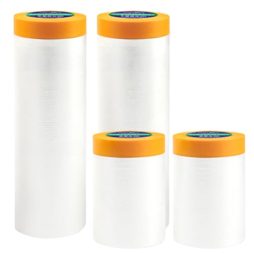 4 Rollen Abdeckfolie mit Klebeband, Malerfolie Abklebeband mit Folie (280cm*20m,150cm*20m,55cm*20m x 2), Selbstklebende Gold Tape Masking Master, Malerkrepp zum Staubschutz Fenster Tür Möbel von Moosono