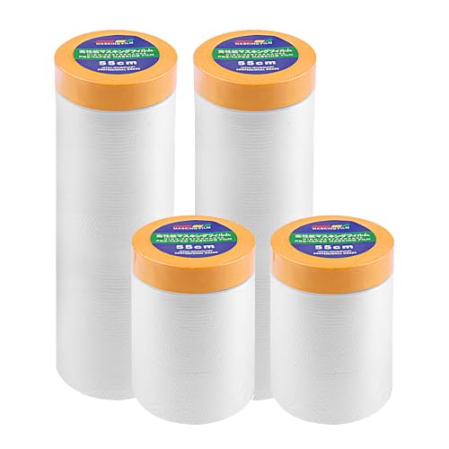Moosono Abklebefolie mit Klebeband 80 Meter, 4er Set (55 cm * 20 m + 150 cm * 20 m) Abklebeband mit Folie, Selbstklebende Abdeckfolie Maler, Goldband Klebeband, Abdeckfolie Maler auf Rolle Malerfolie von Moosono