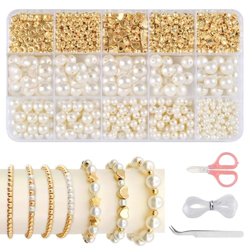 Perlen zum Auffädeln, 723 Stück Armbänder Selber Machen, Perlen Set Gold 4/6/8/10/12 mm Geschenke für Mädchen Kunstperlen DIY Schmuckherstellung mit Schere,Pinzette und Faden Perlen zum Auffädeln, 723 Stück Armbänder Selber Machen, Perlen Set Gold 4/6/8/10/12 mm Geschenke für Mädchen Kunstperlen DIY Schmuckherstellung mit Schere,Pinzette und Faden von Moosono
