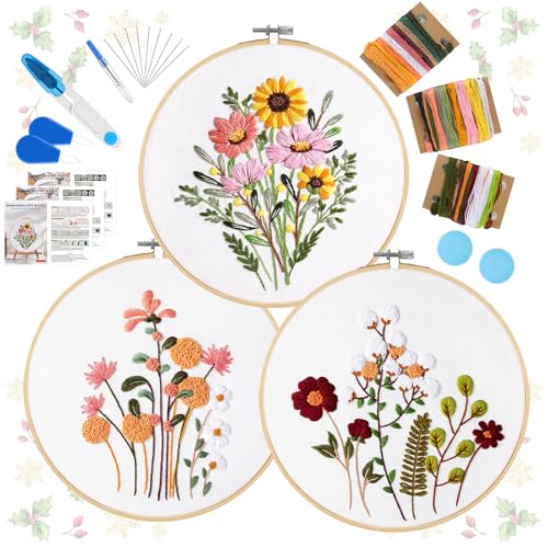 Sticken, Blumenmuster Pflanzen Stickset, Stickset für AnfäNger Erwachsene, Stickerei Set Stickrahmen Tools Kit, Kreuzstich Set Starter Tools Kit Mit 2 StüCk Bambus für DIY Kunst, Handwerk, Nähen von Moosono