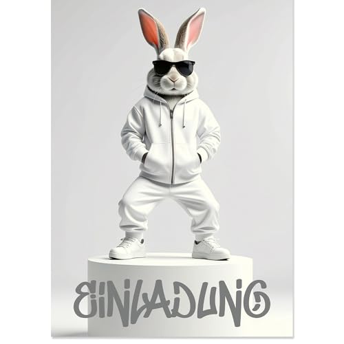 Moosthaler Einladungskarten Kindergeburtstag Junge – 12 coole Einladungskarten mit Hip Hop Hase Tiermotiv – Break Dance Party - Streetstyle Graffiti Design - Hip-Hop Party von Moosthaler
