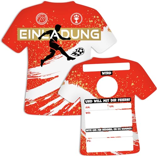 Moosthaler Einladungskarten Kindergeburtstag Junge – 12x Fußball Einladungen im ausgefallenen Trikot Design – Coole Geburtstagseinladungen für Jungs – Fussball Motto Party – Farbe Rot von Moosthaler