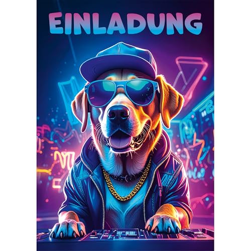 Moosthaler Einladungskarten Kindergeburtstag Junge - 12x lässige DJ Hund Einladungen - Musik Motto Party - Neon Design - Einladungen Kindergeburtstag Jungs - Geburtstagseinladungen Jungen von Moosthaler