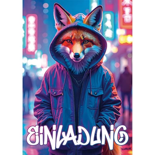 Moosthaler Einladungskarten Kindergeburtstag Junge Teenager – 12 coole Karten mit Fuchs im Hoodie – Neon Streetstyle Motiv – Einladung Kindergeburtstag Street Fox von Moosthaler